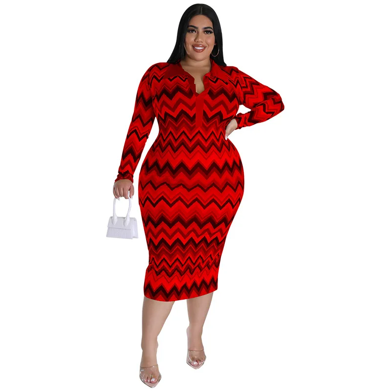 European and American large women's long sleeved collar printed open tube plus size women fashion dress