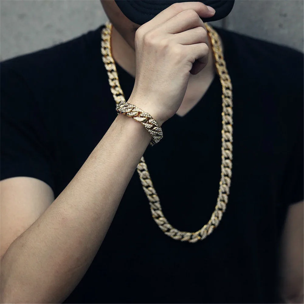 

Ожерелье в стиле панк, хип-хоп, кубинская цепь, сверкающие стразы, массивный готический браслет-цепочка для женщин и мужчин, модные ювелирны...