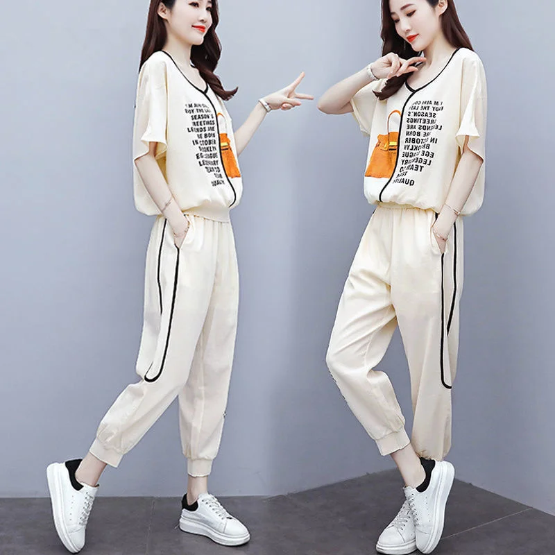

Cotton Linen Suit Women's Summer 2022 New Fashion T-Shirt Top And bind feet pants letter print Two-piece Set Female Casual 2Pcs