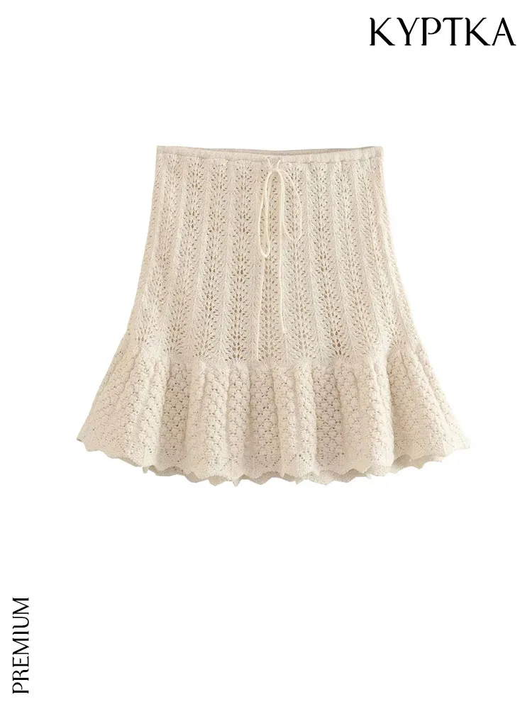 

KYPTKA Women Fashion With Ruffled Pointelle Knit Mini Skirt Vintage High Elastic Waist With Drawstrings Female Skirts Mujer