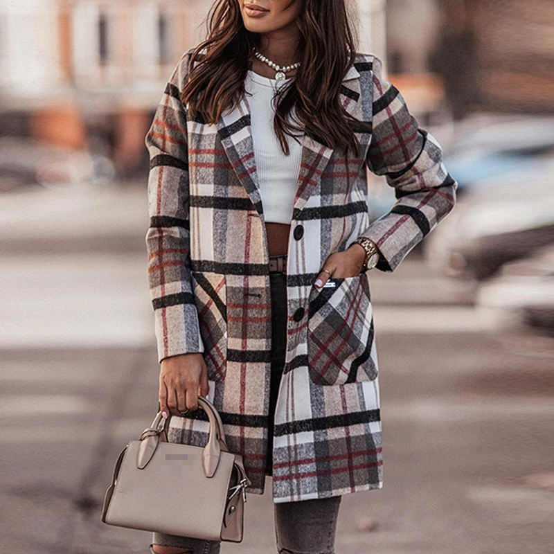 

Fashion Plaid Printing Wool Coats Women Casual Long Sleeve Turn-down Collar Buttoned Jackets Winter Ladies Long Sleeve Outerwear