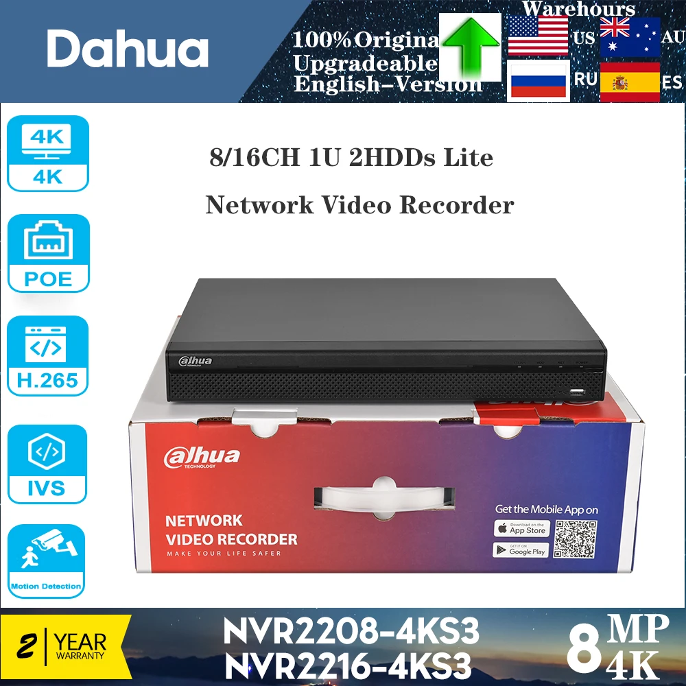 Dahua 8-канальный NVR2208-4KS3 и 16-канальный NVR2216-4KS3 2 жестких диска Smart H.265 + ONVIF сетевой