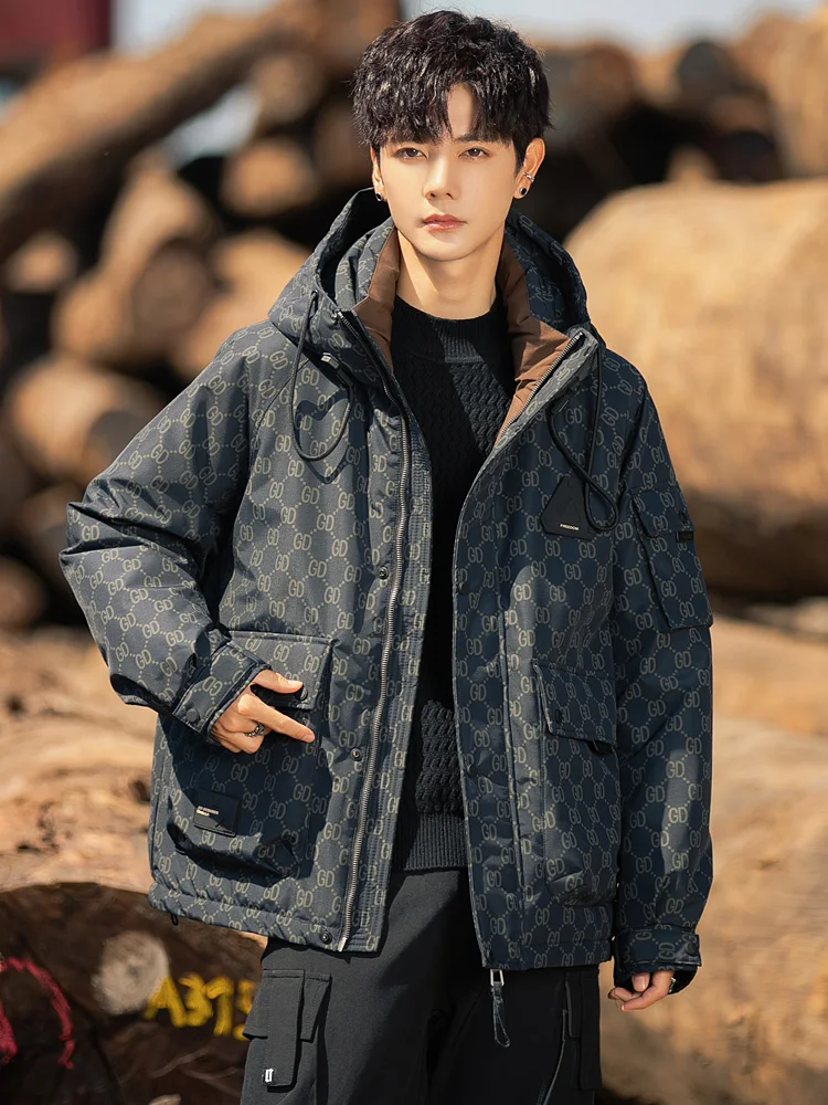 Мужская пуховая куртка с капюшоном и принтом новая зимняя утолщенная теплая