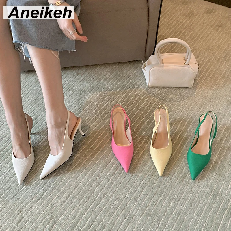 

Aneikeh Spring/Autumn 2022 Shallow PU Slingbacks Pumps Pointed Toe Thin Heels Wedding Party Ethnic Women's Shoes Concise Slip-On