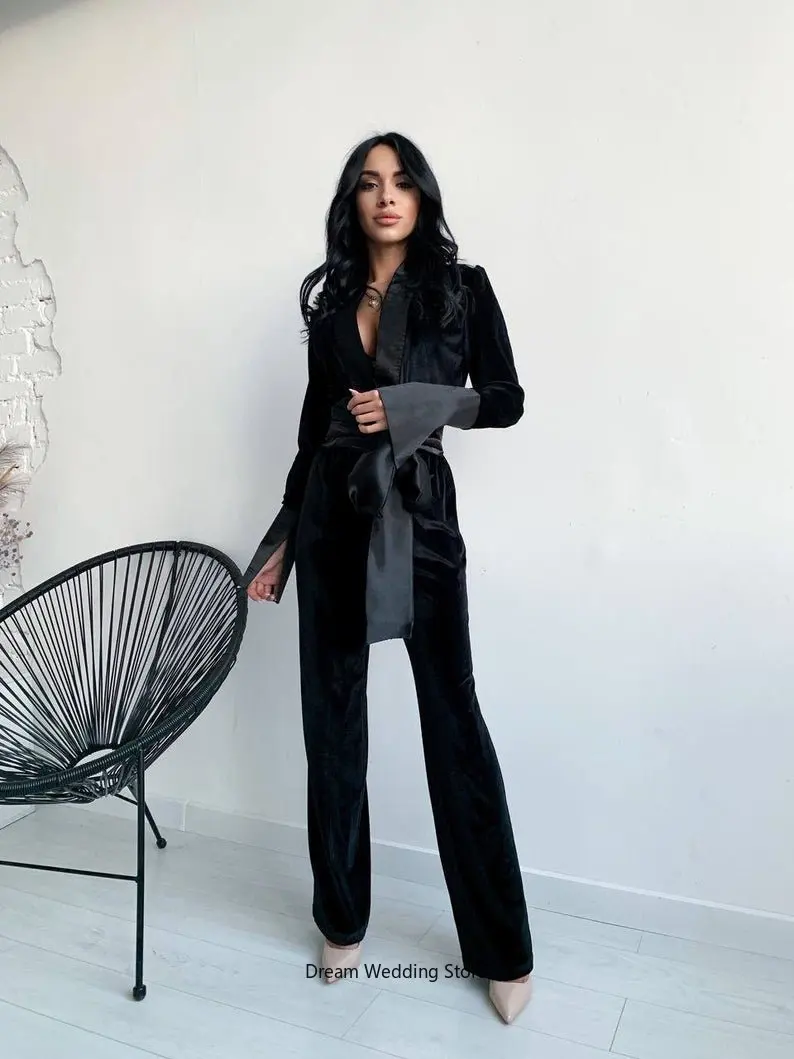

Женский офисный костюм из 2 предметов, черный бархатный блейзер с поясом и брюки, официальное вечернее платье для выпускного вечера, индивидуальный пошив