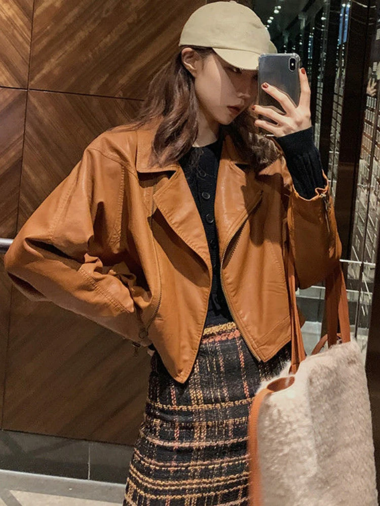 Summer Cropped Faux Leather Jacket Women Korean Fashion Loose Biker Coat Streetwear Female Autumn Pockets Moto Jacket Outerwear