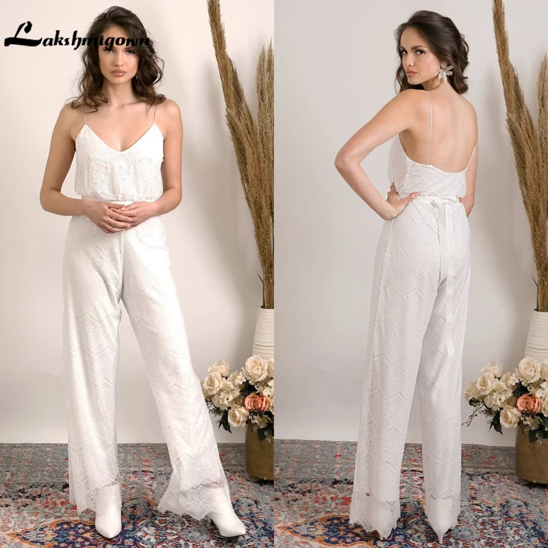 

Комбинезон в стиле бохо с V-образным вырезом на тонких бретельках с поясом и бантом, свадебное платье, кружевное свадебное платье с открытой ...