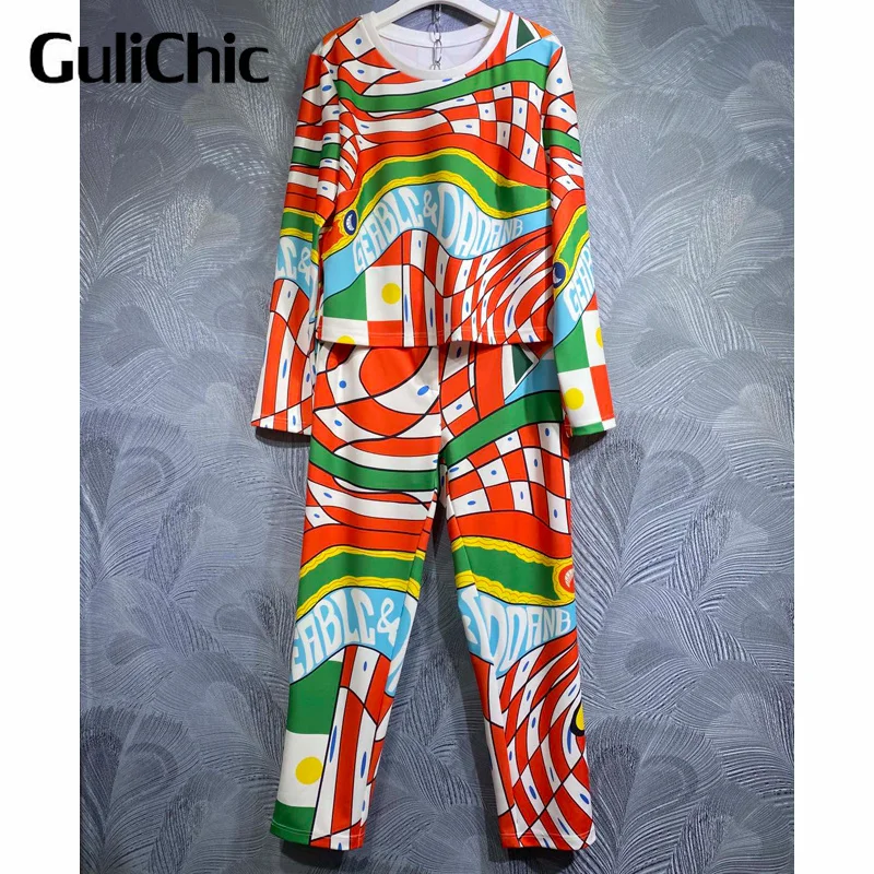 

9.27 GuliChic Fashion Multicolor Geometric Pattren Spliced Letter Print Long Sleeve Pullover + High Waist Pants Casual Set Women