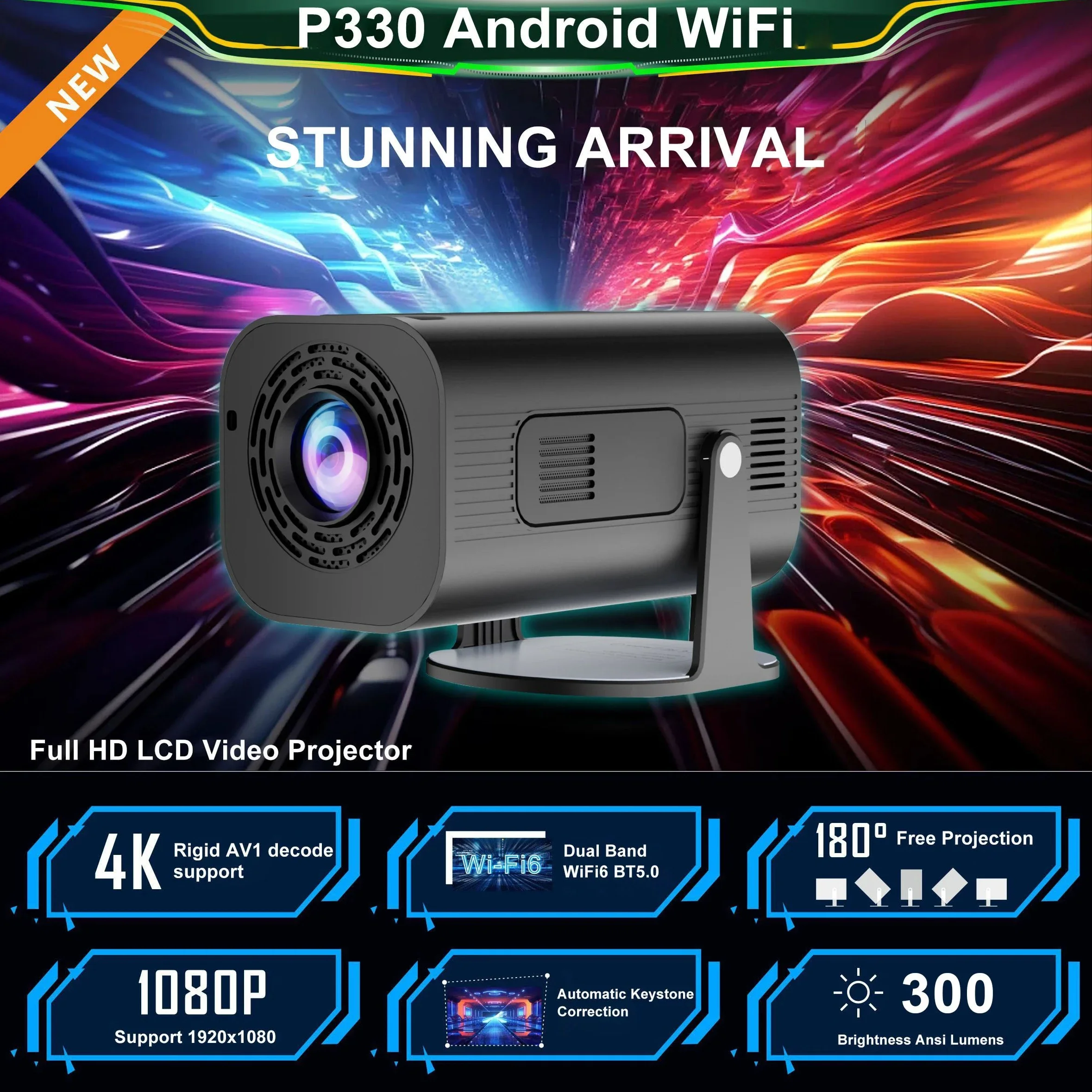 2024 Новый умный проектор P330 1080P Android 11 WiFi BT5.0 декодирование 4K с автотрапецеидальным