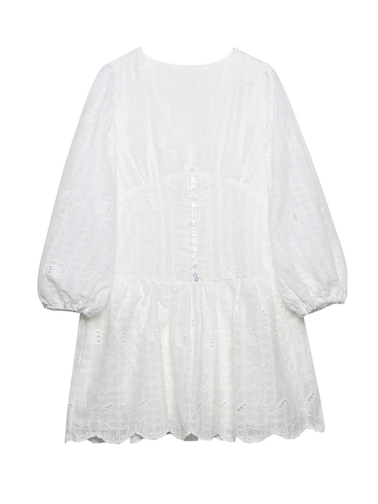 

2022 модная женская одежда платье с вышивкой с вырезами, v-образный вырез, хлопковое мини-платье с длинным рукавом, пляжное повседневное белое ...