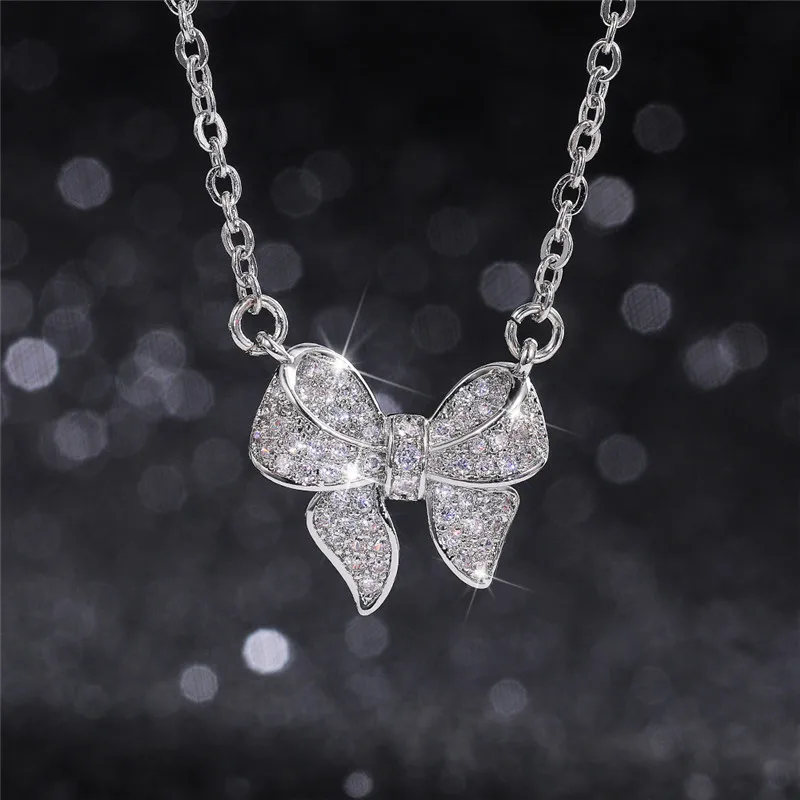 

Huitan Romantic Bow Shaped Pendant Necklace for Women Full Zirconia Bling Bridal Wedding Necklaces Delicate Statement Jewelry