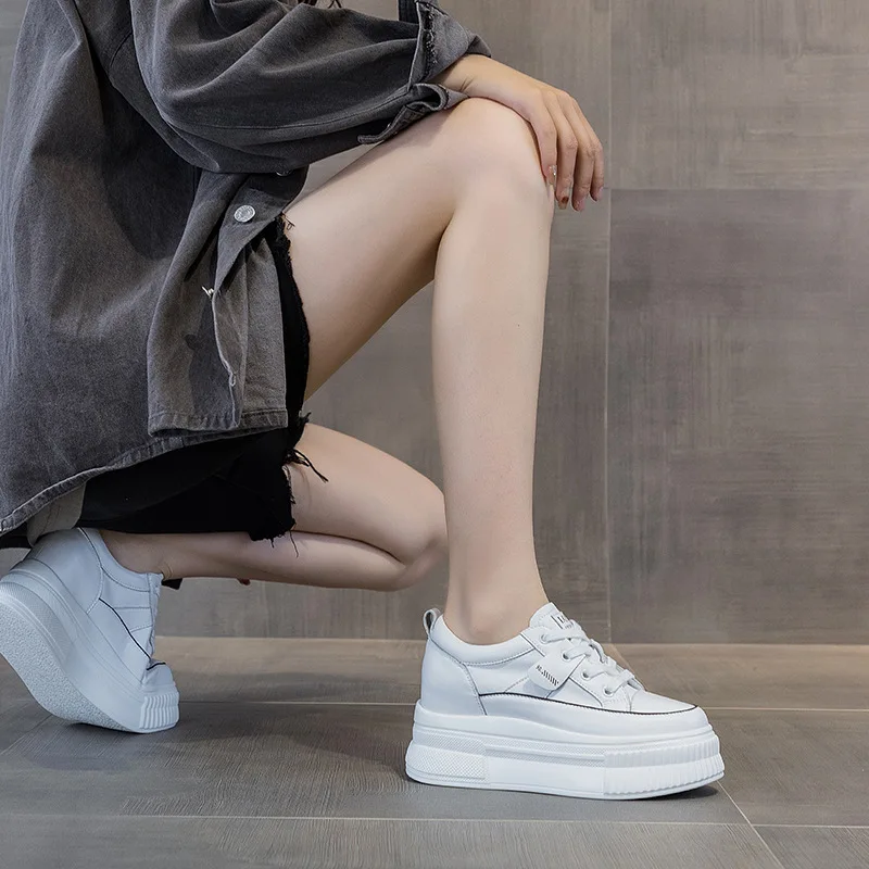 7cm Elevator Shoes Genuine Leather Hidden Heel Platform Wedge Chunky Sneakers Summer Autumn Women Lace Up Mixed Color  Shoes