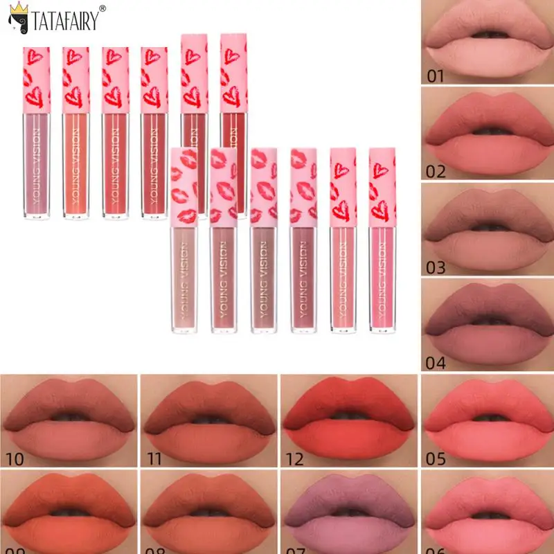 

12 Color Matte Velvet Lip Gloss Sexy Red Lip Glaze Cosmetic Nude Lipstick Waterproof Lasting Nonstick Cup Lipgloss Makeup Batom