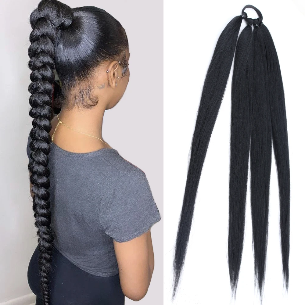 

Braids Ponytail Extensions Synthetic Boxing Braids 26Inch Black Wrap Around Chignon Tail With Rubber Band Hair Ring Ombre Braid