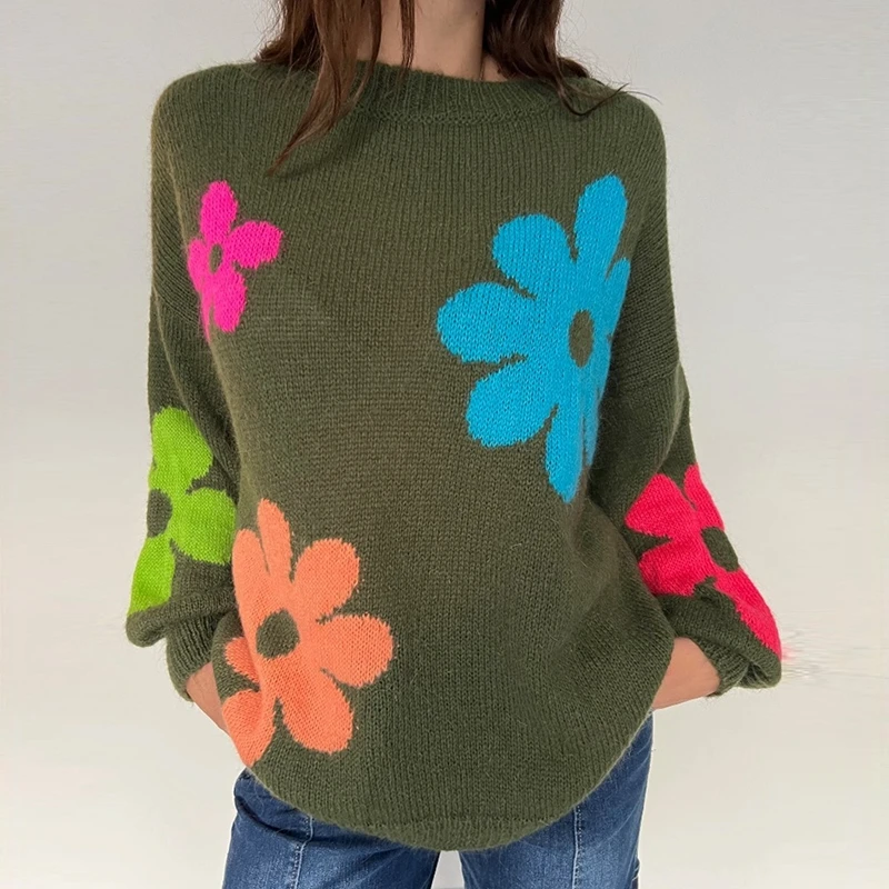 Женский вязаный свитер свободного покроя с длинным рукавом и круглым вырезом