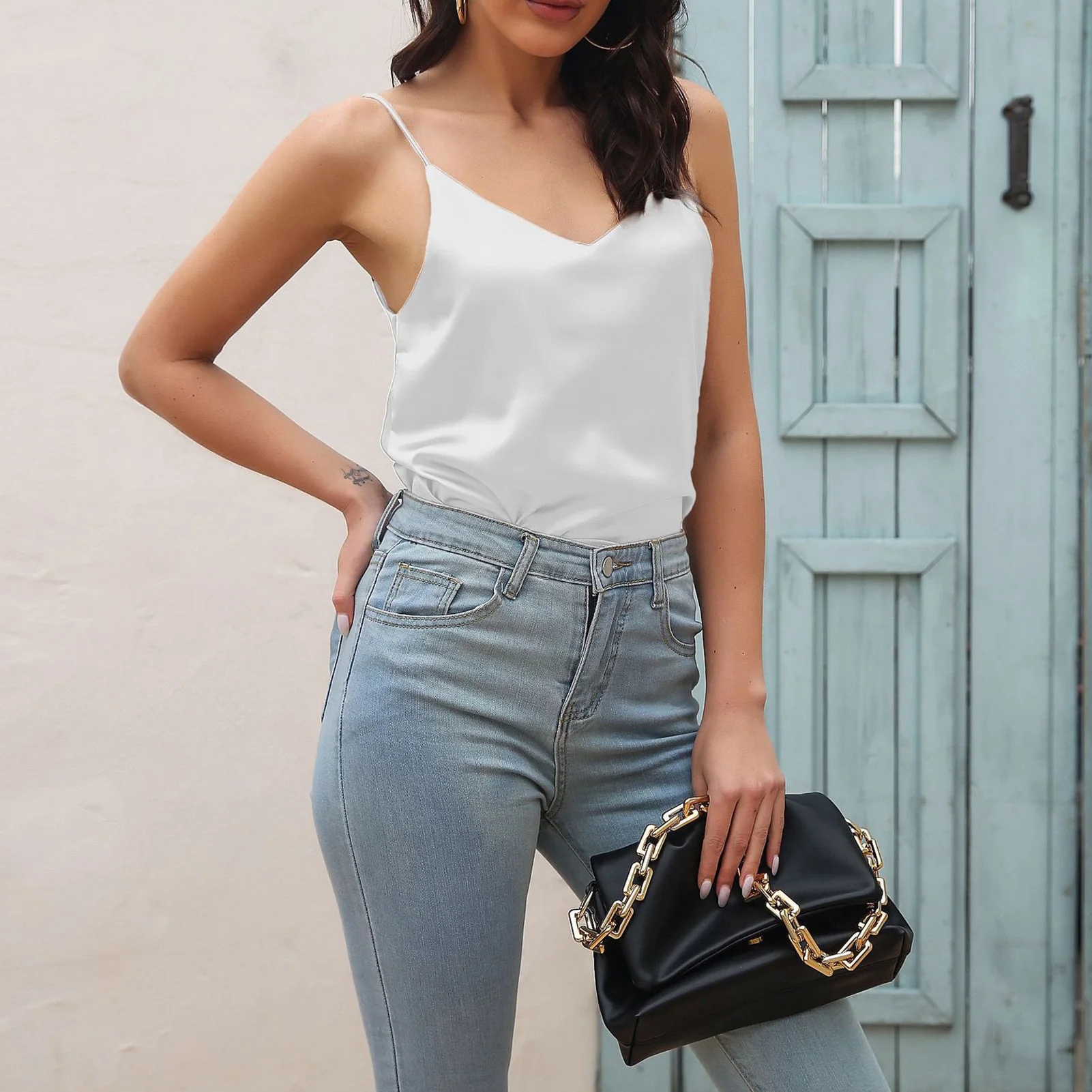 

2023 Summer Fashion Sleeveless Backless Tops Casual Sling V-neck Pullover Vest Women Ladies Solid Color Loose Simple Satin Tank