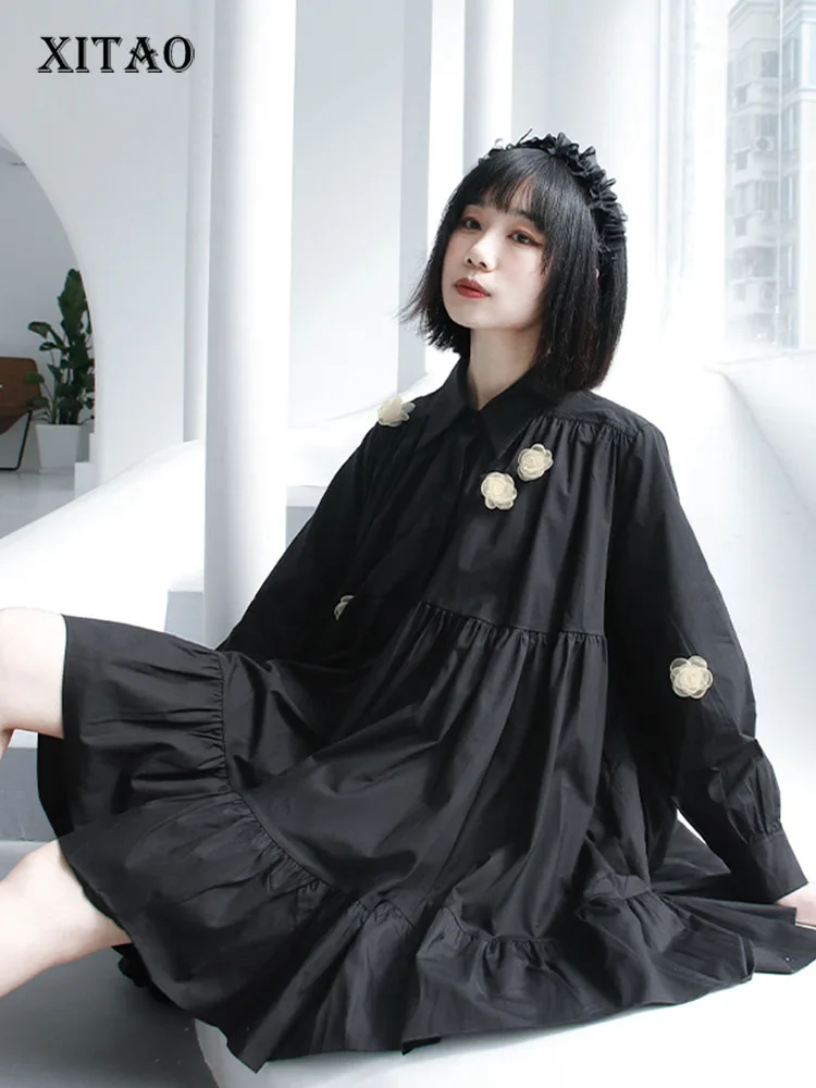 

XITAO Pleated Blouse Fashion Black Pullover Small Fresh Casual Style 2022 Spring Elegant Loose Hem Shirt Top Elegant WMD5076