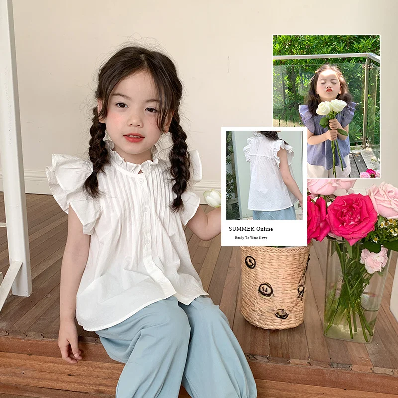 

Baby girls summer flying sleeve shirts Kids ruffles collar casual Tops