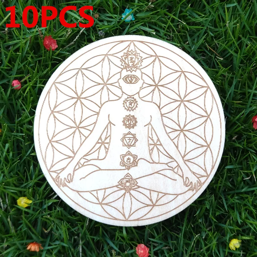 

10 шт./лот цветок жизни натуральный символ дерево круглые края резные подставки для камня набор кристаллов DIY декоративные коврики