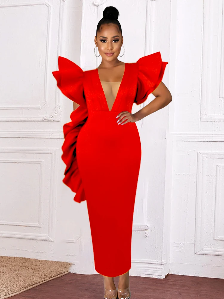 

Sexy V Neck Dresses Red High Waist Bodycon Evening Party Gowns Women Christmas Birthday Wedding Guest Outfits Large Size 4XL
