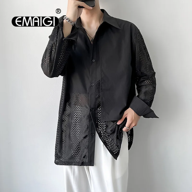 

Men Hollow Splice Long Sleeve Loose Casual Shirt Oversize Male Japan Korean Streetwear Net Celebrity Party Dress Up Shirts