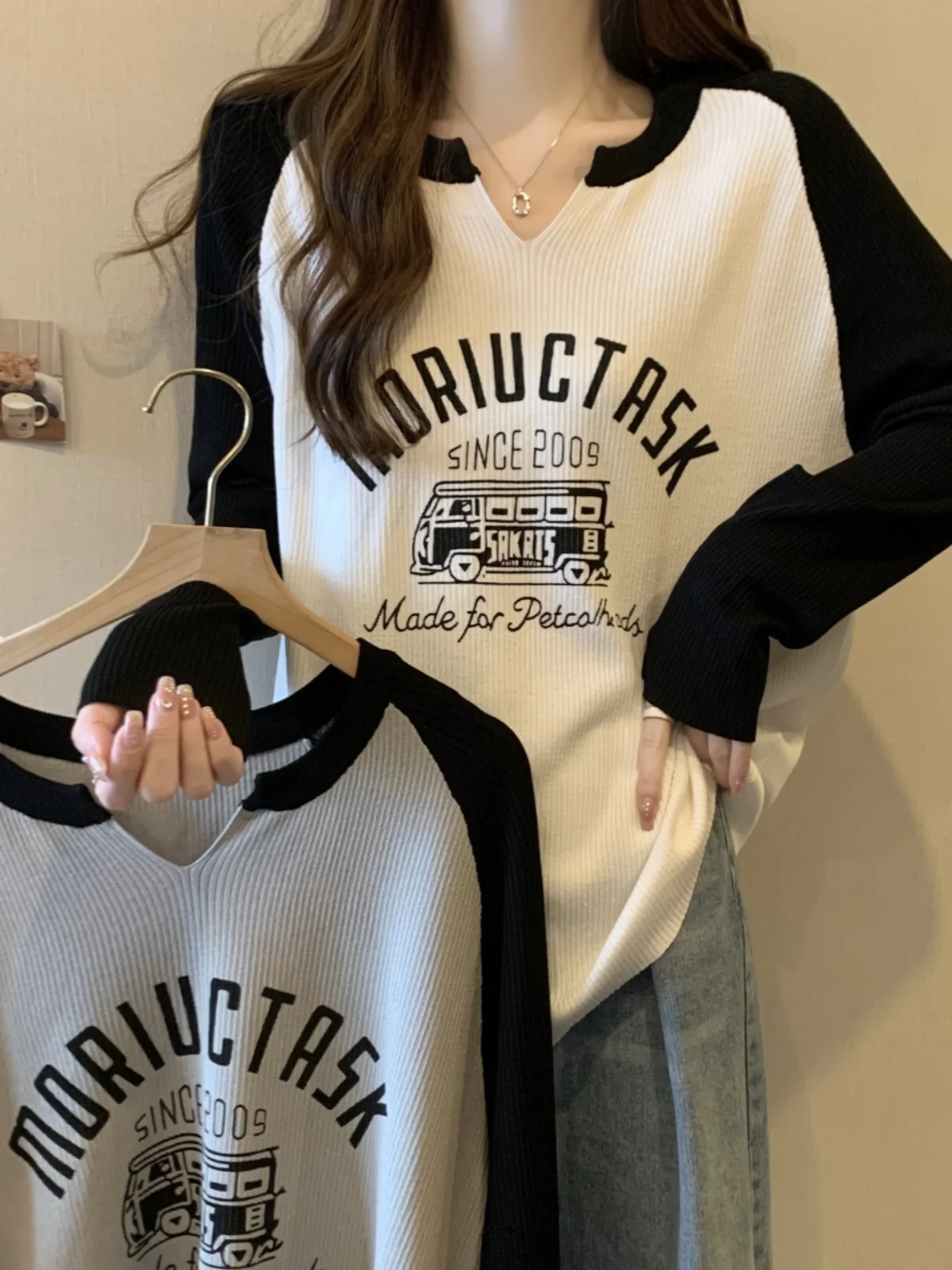 Европейские товары Рубашка с v-образным вырезом на плечах длинными рукавами