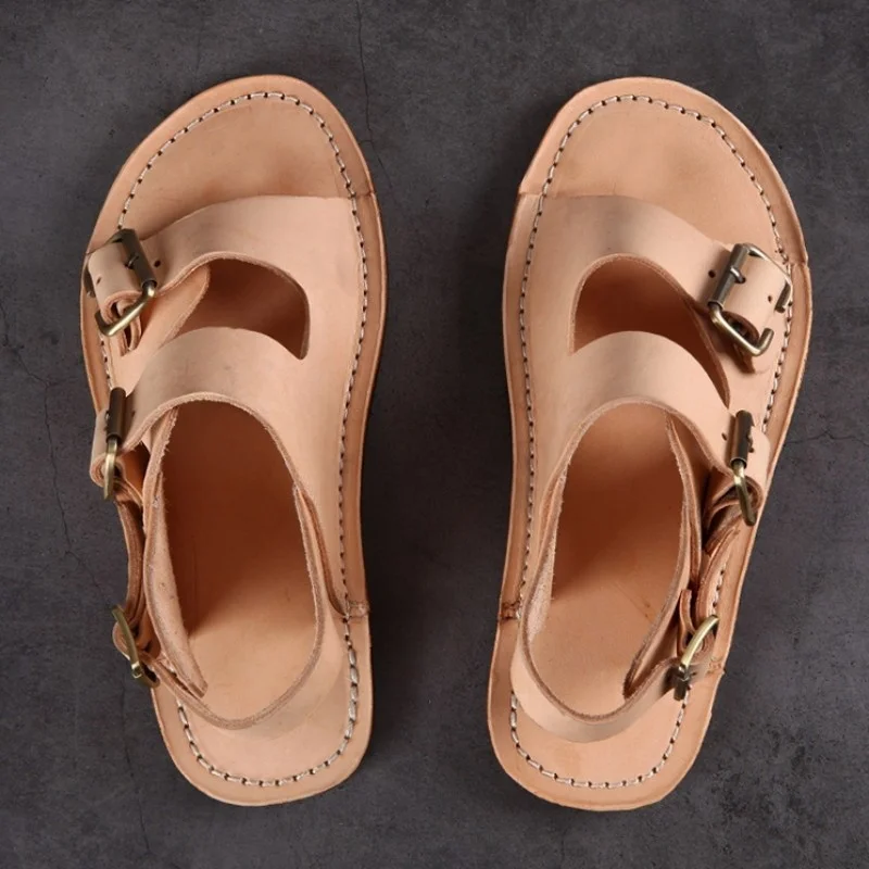 

Handmade Vintage Shoes Genuine Leather Sandal Men Daily Casual Flat Shoes Summer Breathable Beach Sandals Buckle Roman Sandals
