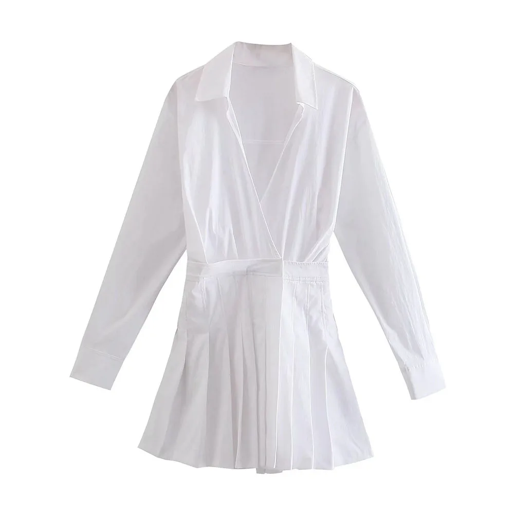 

2022 women's summer new stitching poplin jumpsuit French lapel long-sleeved slim pleated one-piece dress