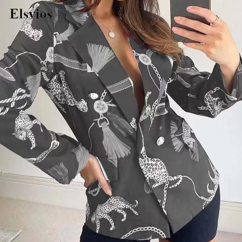 

Fashion Long Sleeve Slim Coat Jacket Office Lady Elegant Button Lapel Suit Outwear Women Vintage Chain Leopard Print Blazer Tops
