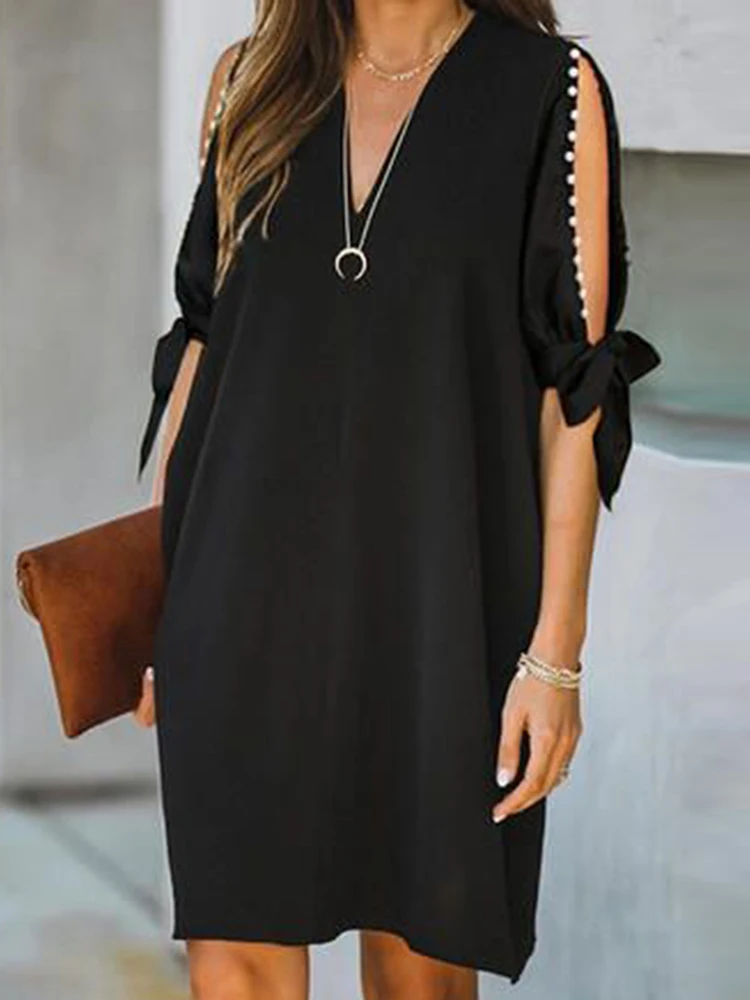 

Летнее повседневное женское платье с V-образным вырезом, элегантное офисное женское однотонное ажурное платье, модные шикарные кружевные с...