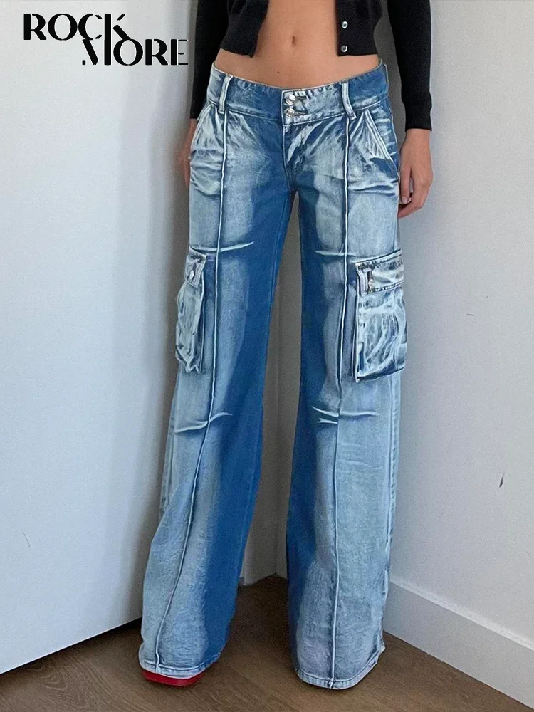 

Rockmore винтажные мешковатые джинсы для женщин с низкой посадкой, потертые брюки-карго, Y2K карманы, уличная одежда, повседневные джинсовые брюки, корейский гранж