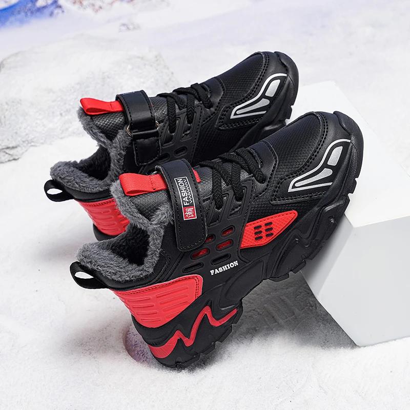 2022 Autumn Winter Children's Warm Cotton Shoes Boys' Snow Anti-skid Flat Shoes Leather Fashionable Breathable Children's Shoes