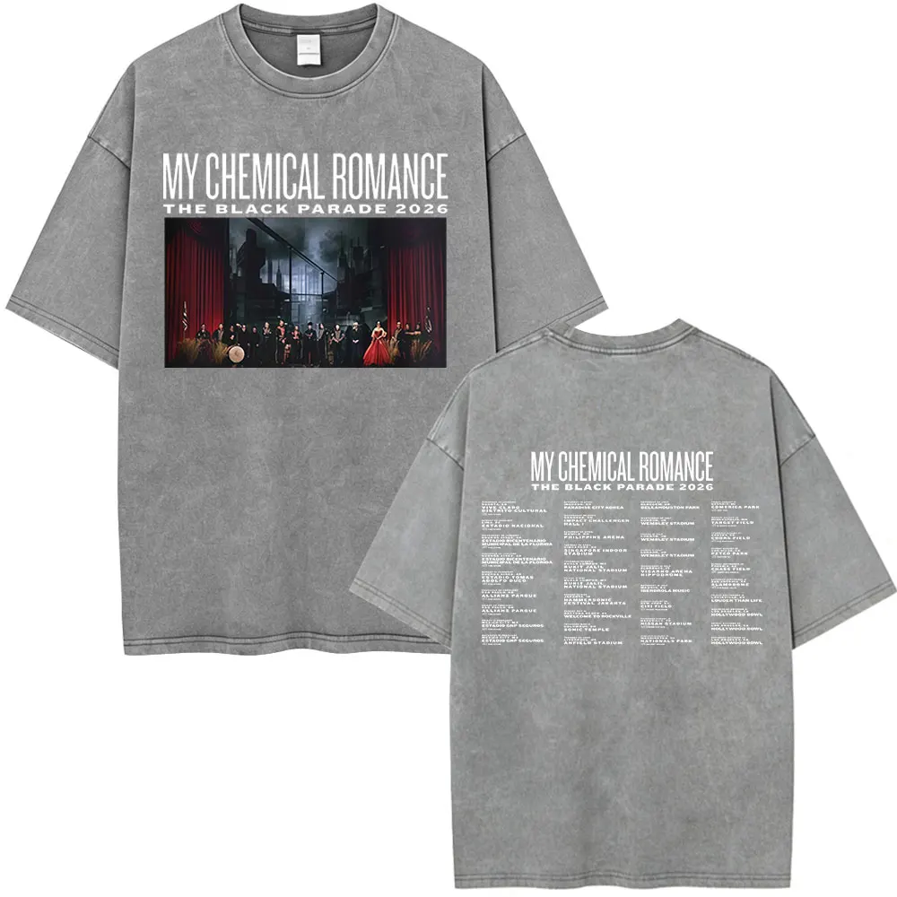 Фото Футболка Rock Band My Chemical Romance с эффектом потертости, коллекция The Black Parade 2026 Tour, мужская одежда, готические свободные футболки, уличный стиль №5