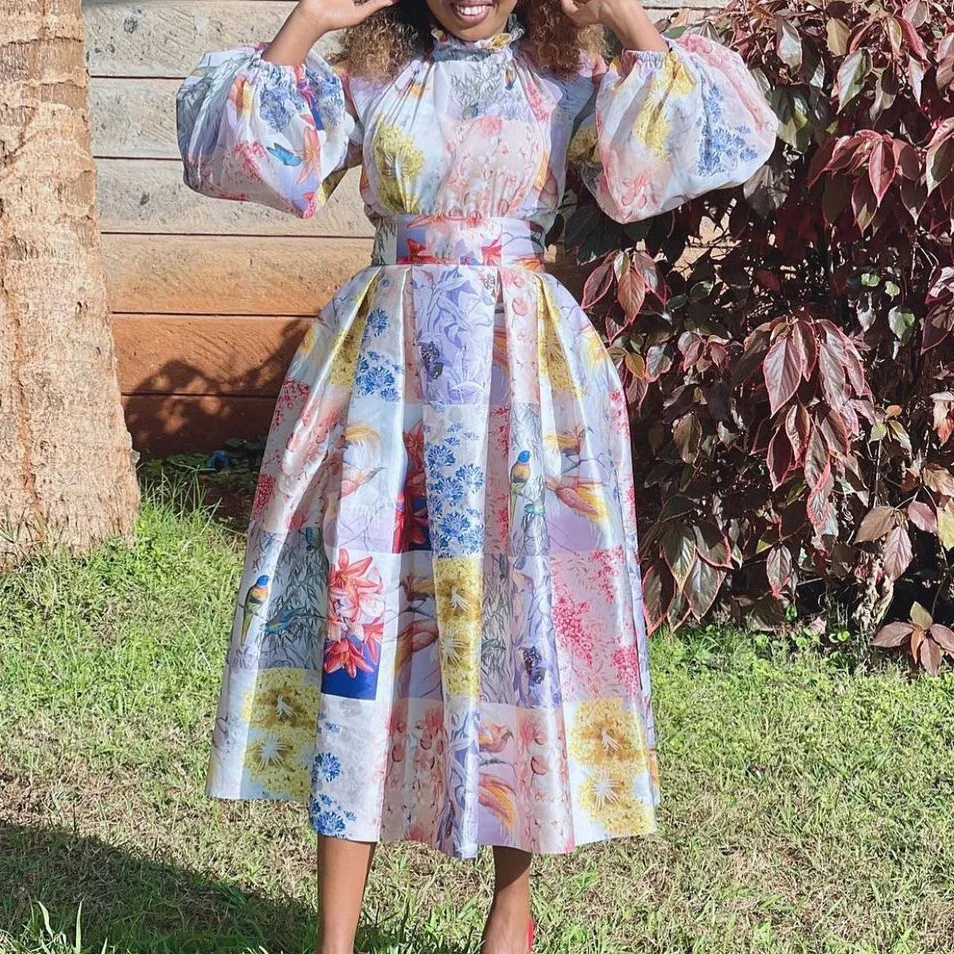 

Women Print Dress Long Lantern Sleeves Half High Collar A Line Female Vintage Retro African Occasion Party Event Celebrate Robes