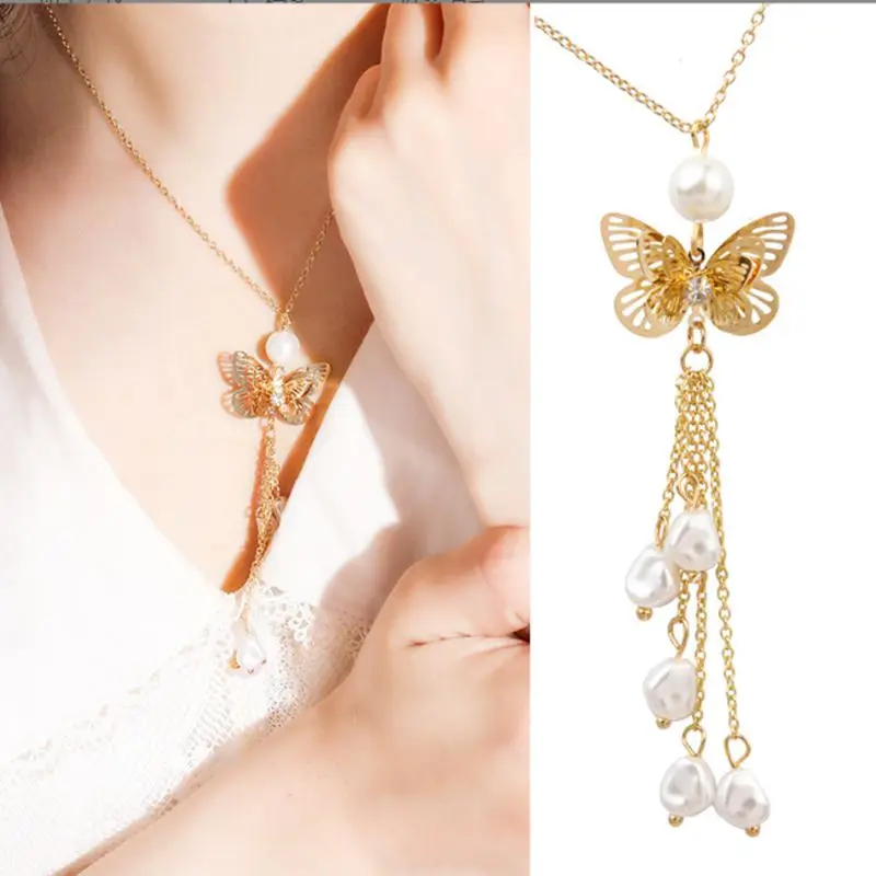 

Fashion Women's Necklace Golden Chain Butterfly Imitation Pearls Jewelry 2022 New