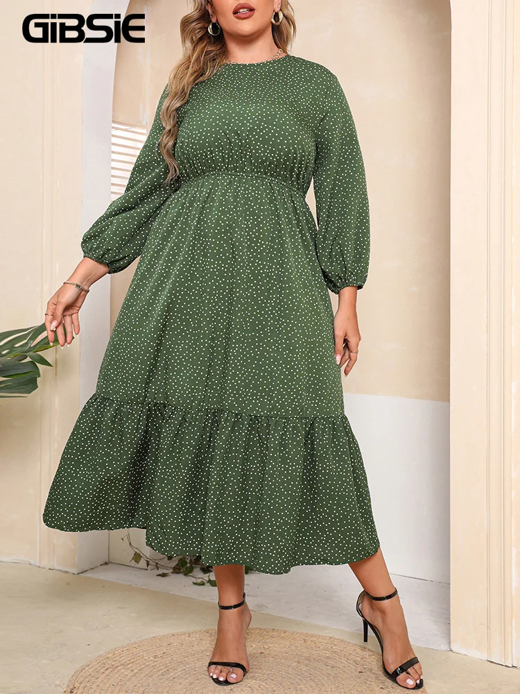 

GIBSIE Plus Size Polka Dot Lantern Sleeve Ruffle Hem Dresses Women Spring Summer Vacation O-Neck A-line Casual Long Dress 2022