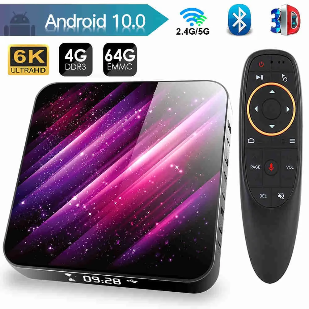

ТВ-приставка Android 10, 4 + 32/64 ГБ, 6K, H.265, 2,4/5 ГГц, Wi-Fi, Bluetooth
