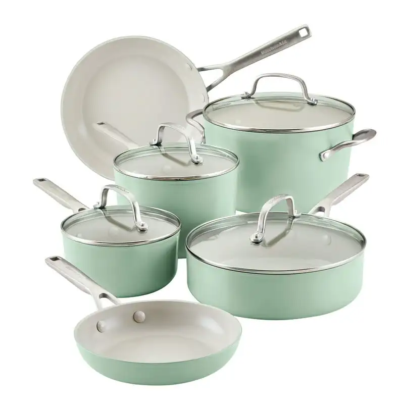 

Hard Anodized Ceramic Nonstick Cookware Pots and Pans Set, 10-Piece, Pistachio