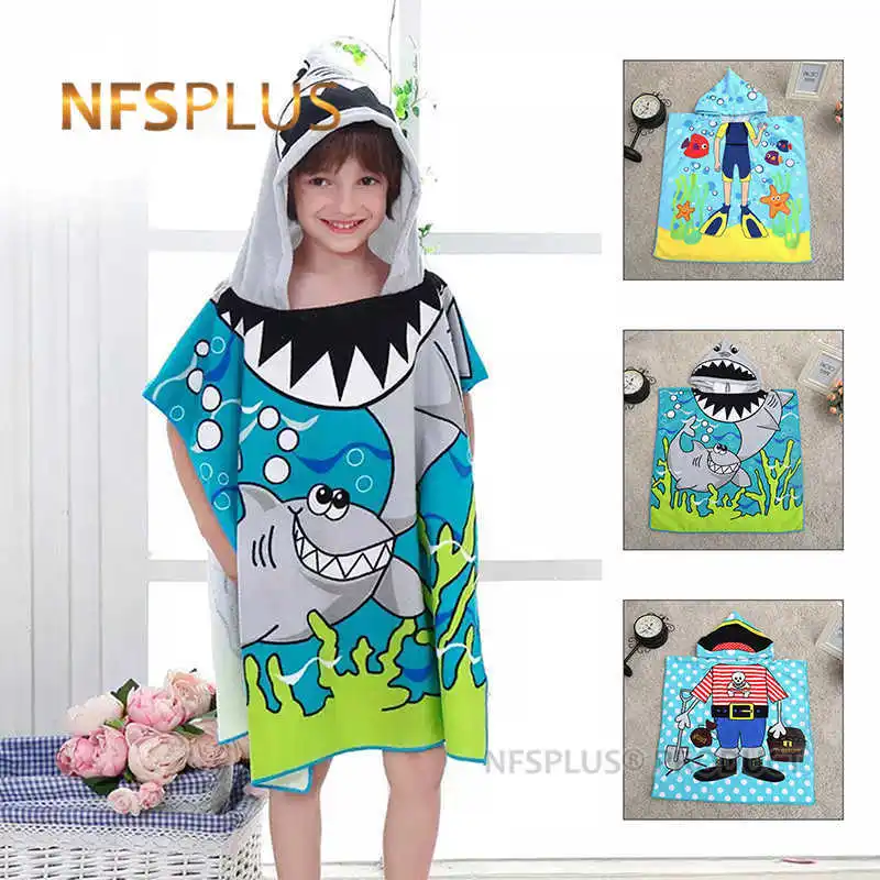 

Kids Hooded Bath Towel Poncho Bathrobe For Children Shark Mermaid Princess Gold Digger Diver Quick Dry Microfiber Beach Towel