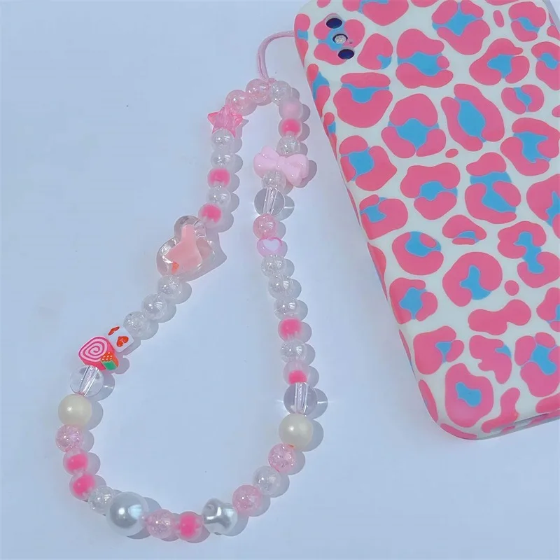 Resin Bow Heart Shaped Geometric Acrylic Beaded Ins Style Pink Bracelet Anti-Lost Lanyard Ladies Mobile Phone Chain Accessories