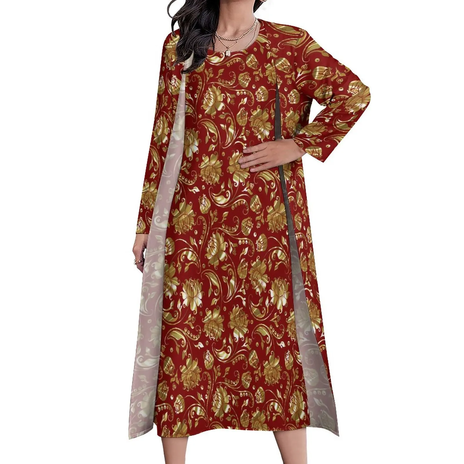 

Платье-макси с цветочным узором из Дамаска, золотисто-красное модное уличное длинное платье в богемном стиле, женские платья большого размера с графическим принтом