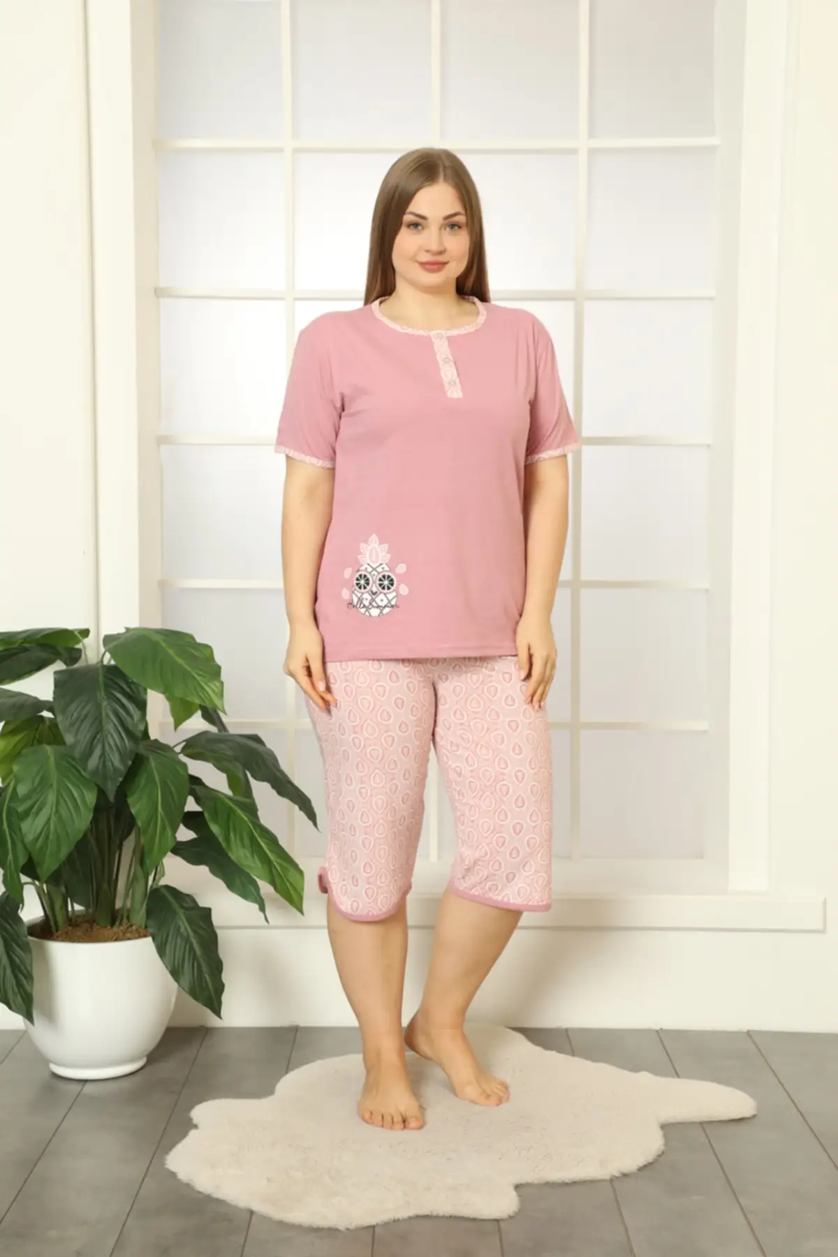 

Women's Pajamas Short Sleeve Collar Buttons And Pockets Plus Size Capri 1752 Sleep Lounge Nightwear Sleepwear
