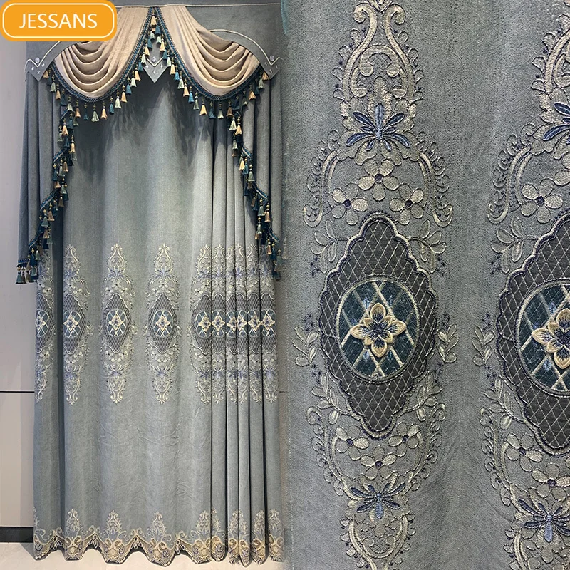 

European-style Luxury Gray Thickened Chenille Water-soluble Embroidery Window Screen Curtains for Living Room Bedroom