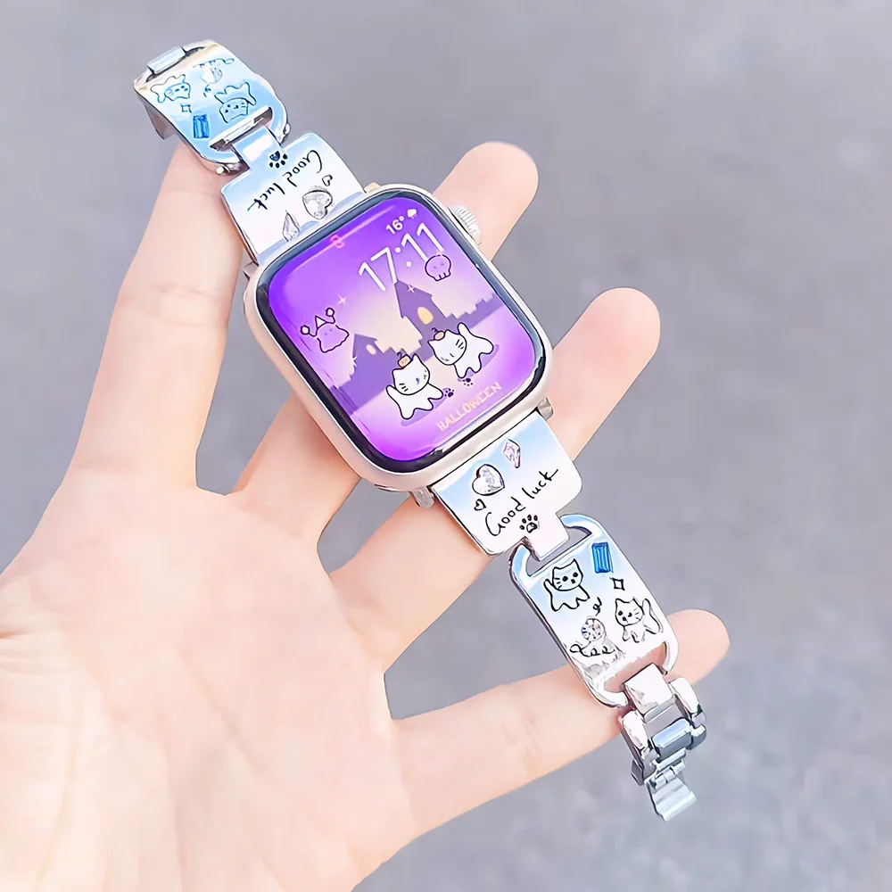 Фото Нарядный ювелирный браслет для Apple Watch Band 46 мм, 45 мм, 44 мм, 49 мм, 42 мм, 41 мм, 40 мм, 38 мм, для женщин и девочек, милый стильный металлический ремешок с бриллиантами №5