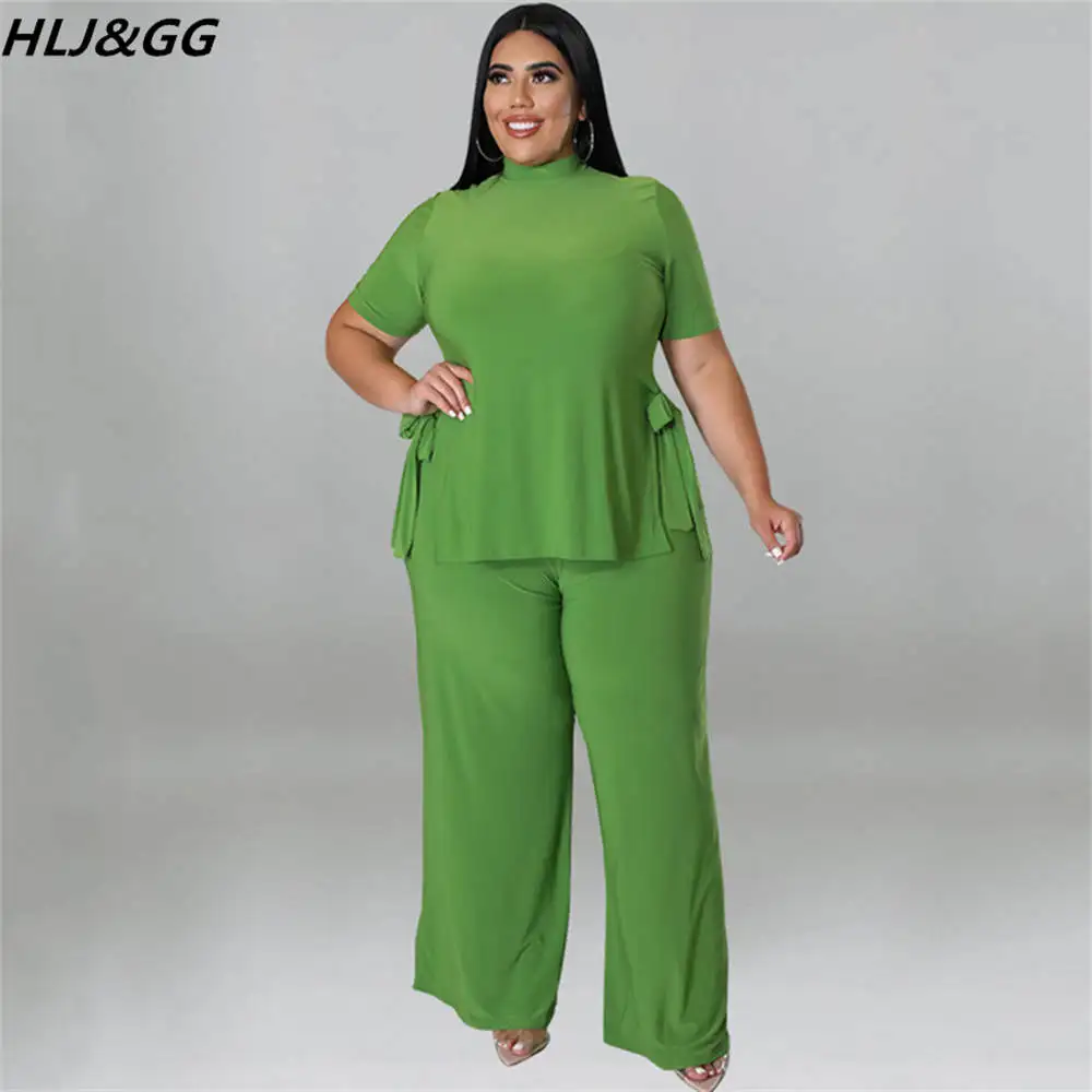 HLJ&GG Casual Plus Size Women Clothing XL-5XL Women Round Neck Short Sleeve Side Bandage Top And Wide Leg Pants Two Piece Sets