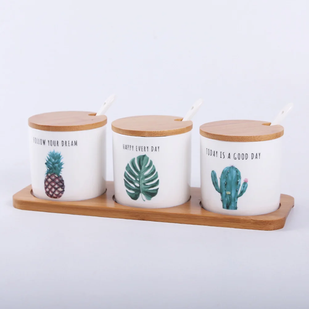 

3-Piece Nordic Green Plant Seasoning Jar Ceramics Seasoning Bottle Set Three-piece Condiment Jar Set Condiment Storage