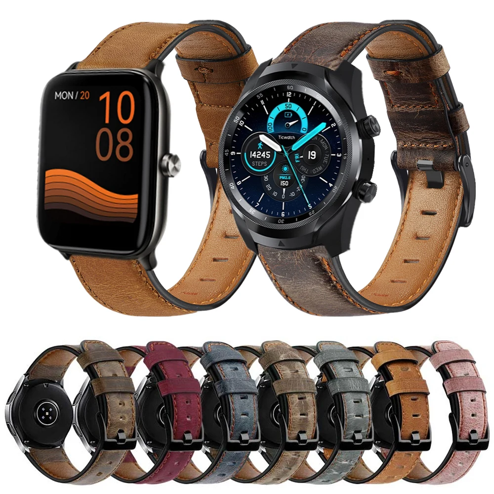 Leather Wrist Strap For Ticwatch Pro X E3 E 2 GTK GTA GTH Retro Bracelet For Haylou GST RT2 RS4 Classic Look Smart Watchband New