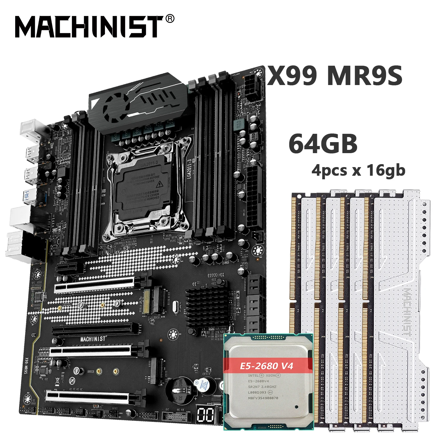 Machinsit-placa base X99 LGA 2011-3, con Intel Xeon E5 2680 V4 CPU y DDR4 64GB (4x16gb), Kit de conjunto de memoria RAM, ATX X99 MR9S