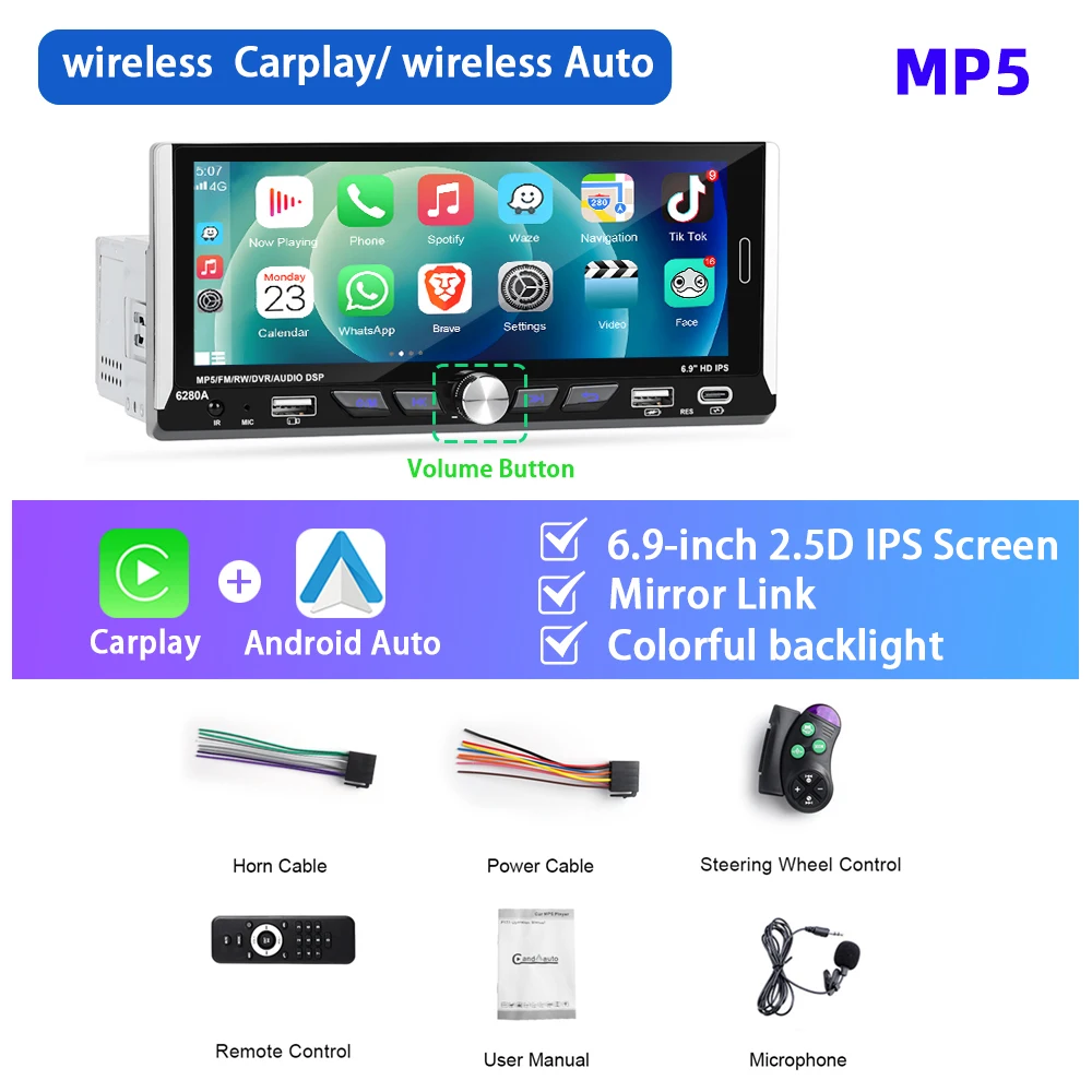 

Автомагнитола Podofo 1Din MP5 для Carplay, мультимедийный плеер на Android, сенсорный экран 6,9 дюйма IPS, зеркальная ссылка, Bluetooth, магнитола