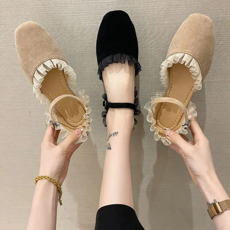

FHANCHU 2022 New Fashion Flock Shoes Woman,Shallow Out Lace Flats,Round Toe,Ankle Buckle Strap,Black,Khaki,Dropship
